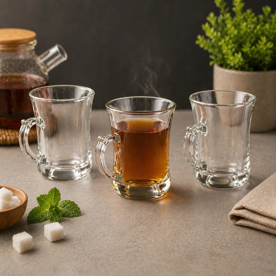 Clear Glass Tea Cups Pack of 3 120 ml Small Coffee Tea Cups Set Transparent Glass Mug with Handle