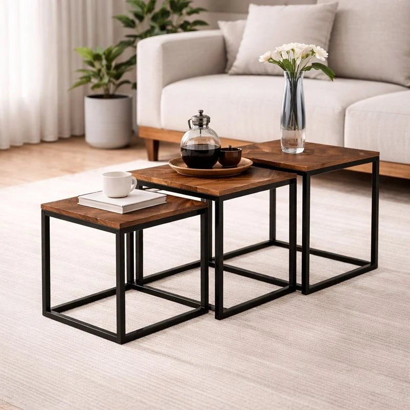 Square Nesting Coffee Tables 3 Pcs Set Industrial Wood Metal Side Tables Herringbone Design Living Room Furniture