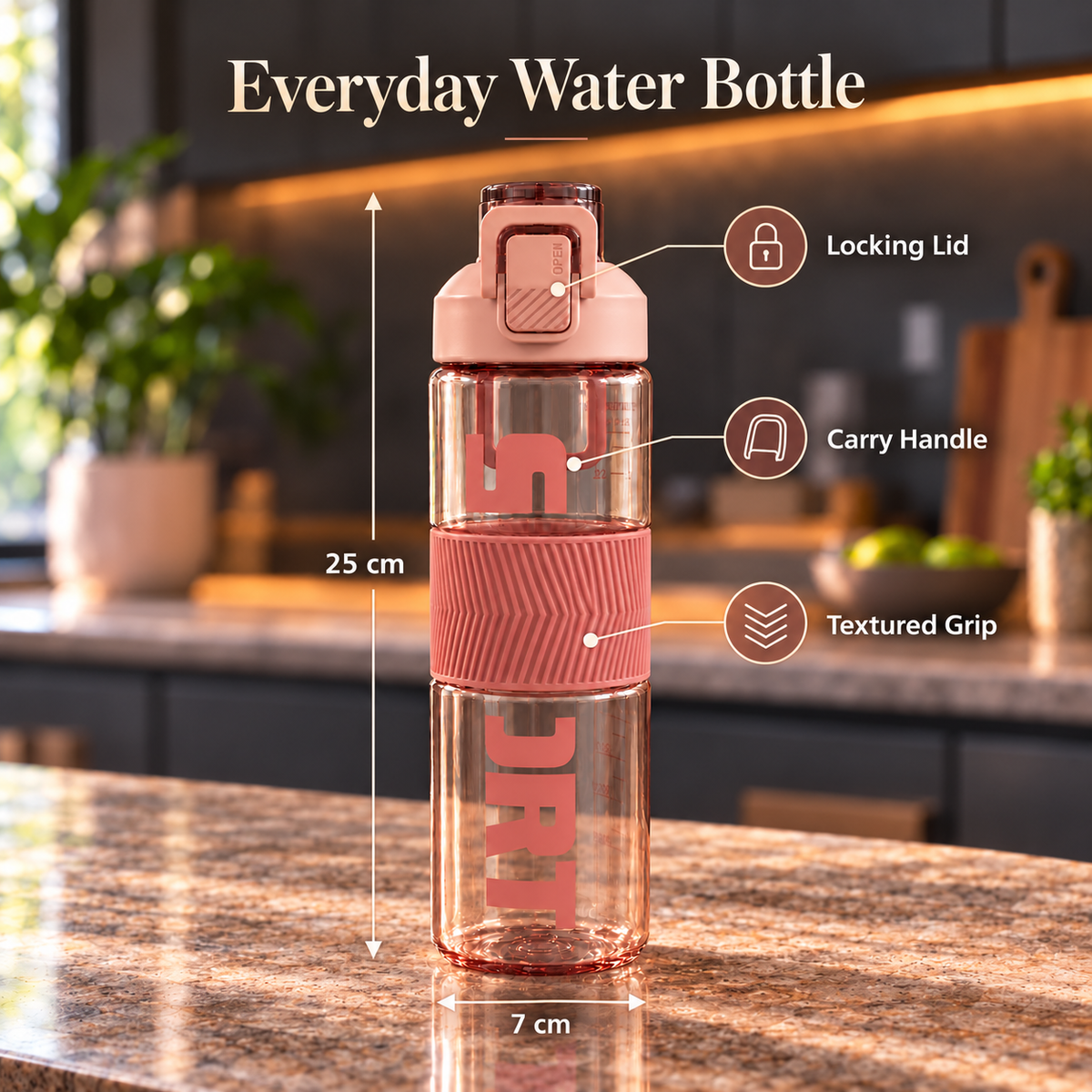 Large Capacity Sports Bottle with Locking Lid Handle and Textured Grip