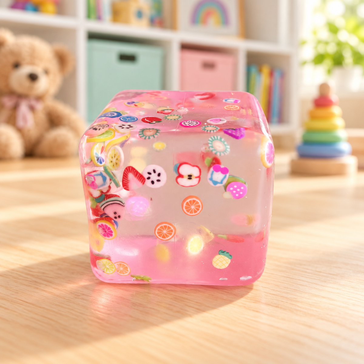 Soft Squishy Sensory Cube with Fruit Decorations
