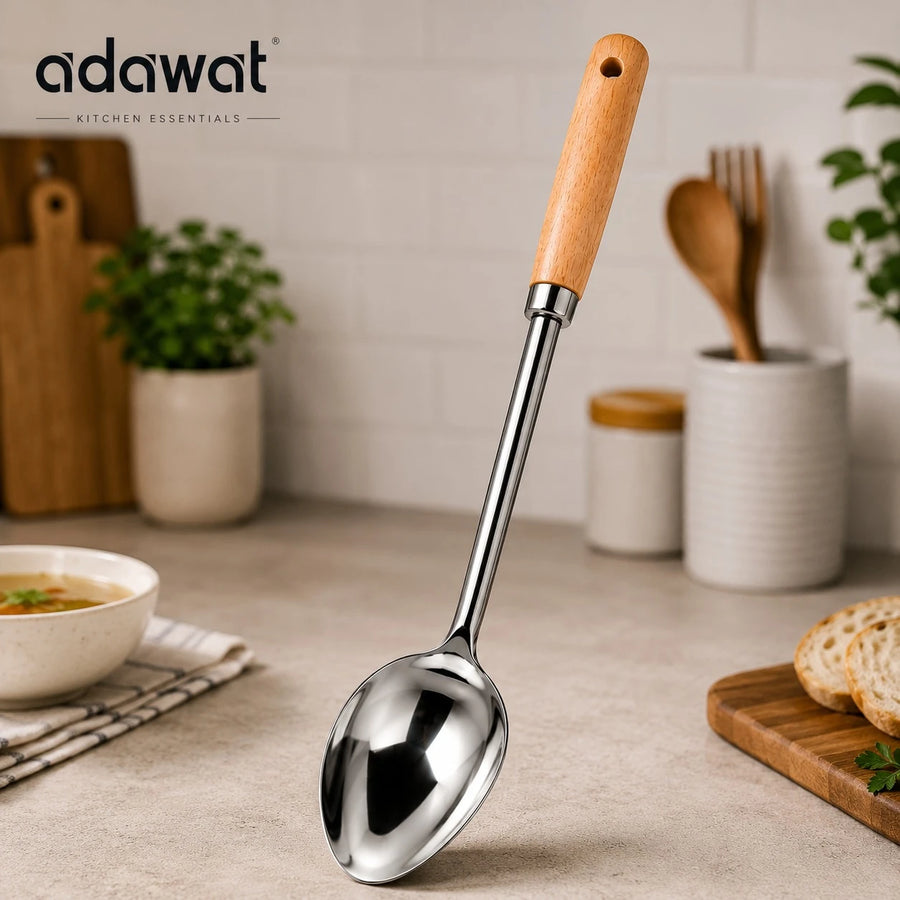 Adawat Stainless Steel Serving Spoon Wooden Handle Kitchen Cooking Spoon Soup Spoon Sauce Spoon Rice Spoon