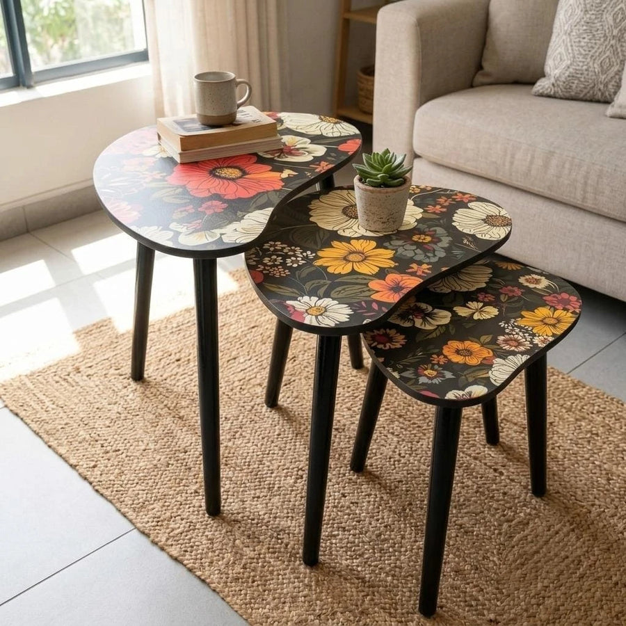 Nesting Floral Coffee Table Set of 3 Modern Side Tables with Interchangeable Legs for Living Room