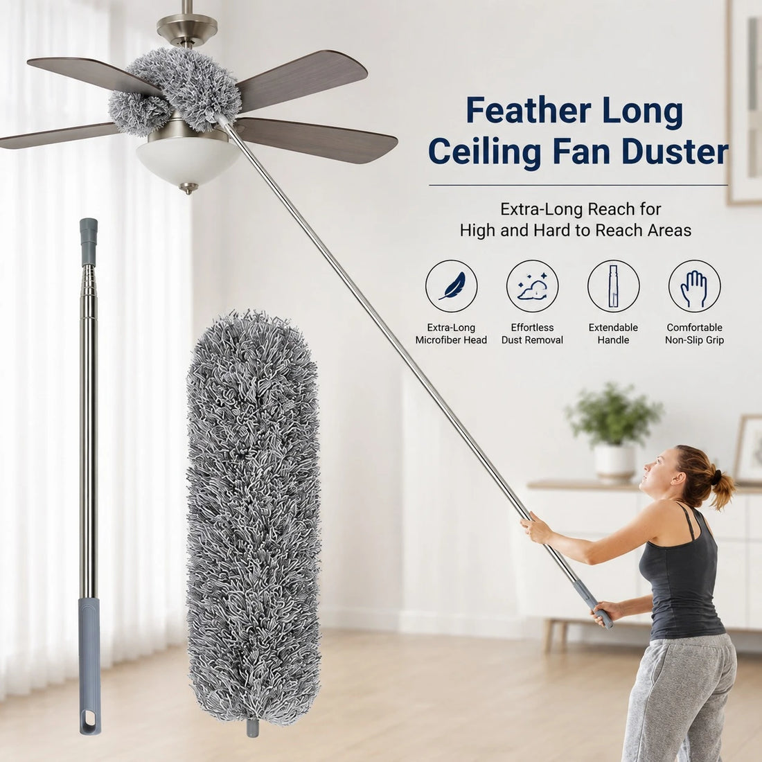 Extendable Microfiber Feather Duster Stainless Steel Dust Cleaner Telescopic Ceiling Fan Duster Reusable Washable Cleaning Brush