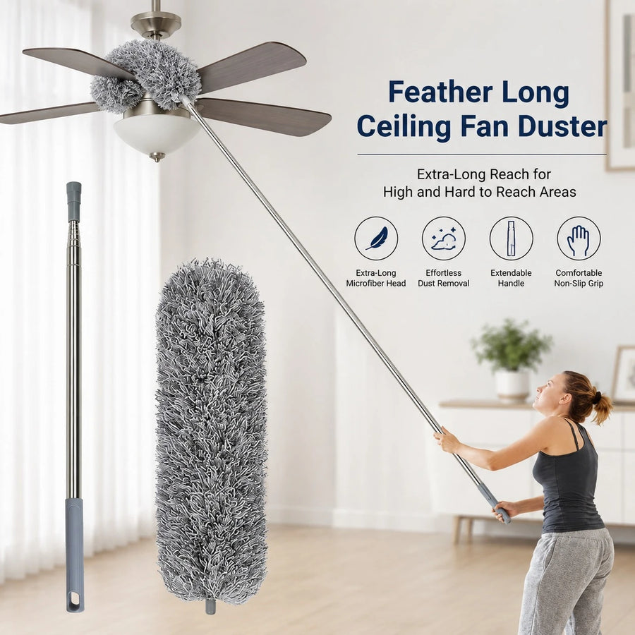 Extendable Microfiber Feather Duster Stainless Steel Dust Cleaner Telescopic Ceiling Fan Duster Reusable Washable Cleaning Brush