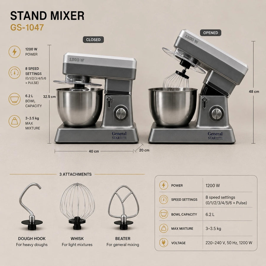 General Star Stand Mixer Kitchen Machine Food Mixer Dough Mixer Electric Baking Mixer 1200W 6.2L Stainless Steel Bowl 6 Speeds Pulse GS1047