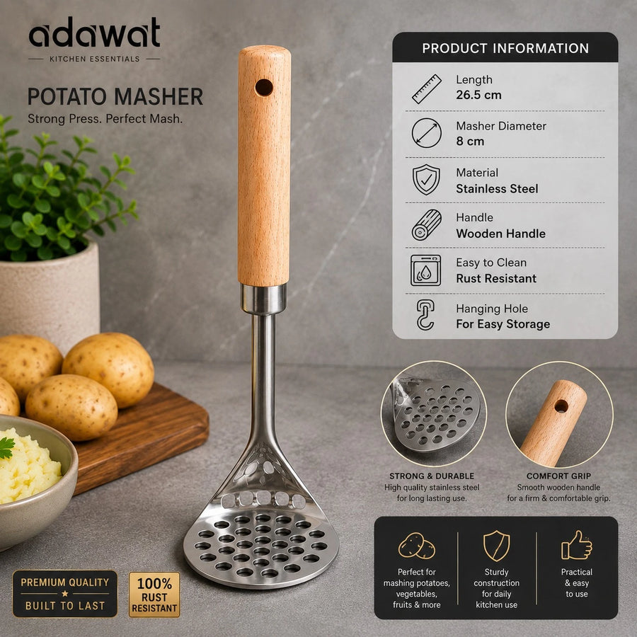 Adawat Stainless Steel Potato Masher Wooden Handle Kitchen Press Masher Vegetable Fruit Food Masher 26.5cm