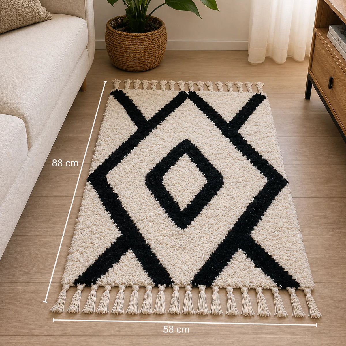 Boho Shaggy Tassel Rug with Black Geometric Pattern Soft Decorative Area Rug
