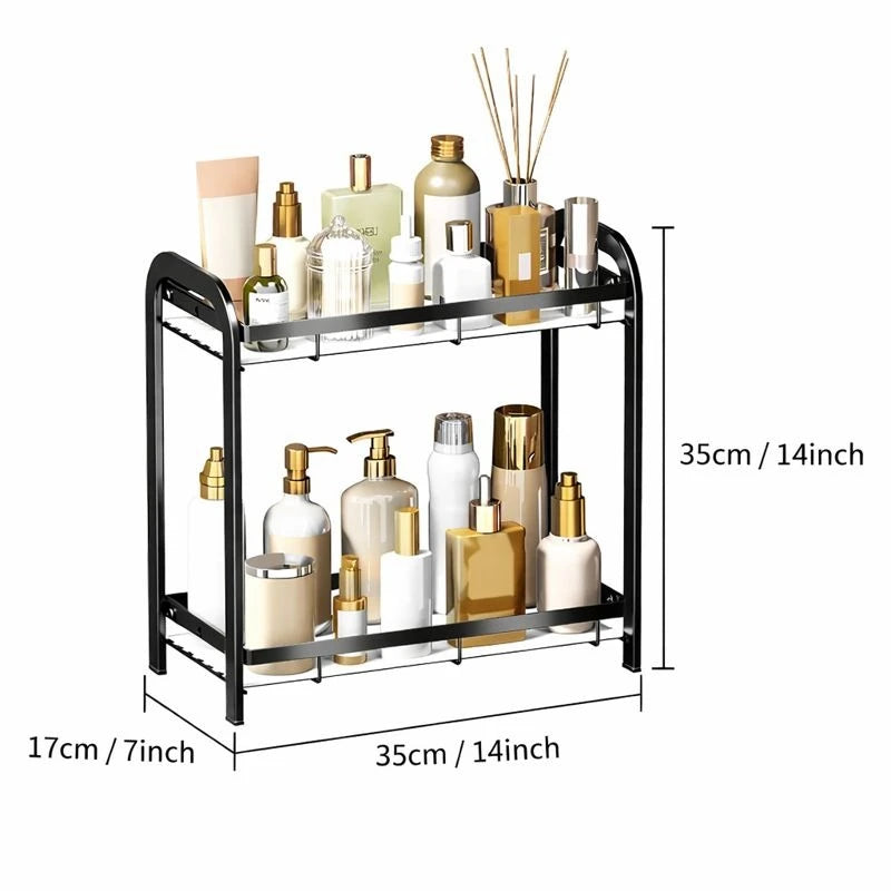 2-Tier Bathroom Countertop Organizer Shelf, Black Metal Vanity Storage Rack for Skincare, Cosmetics & Toiletries