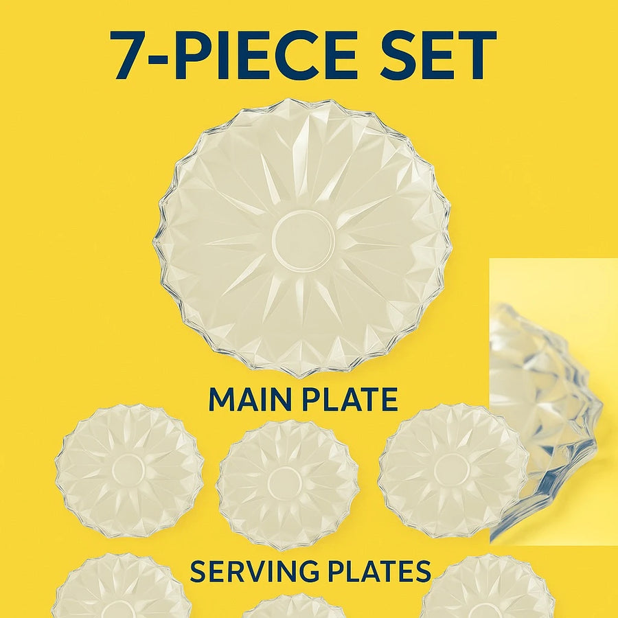 Crystal Serving Plate Set with Large Serving Tray and 6 Dessert Plates Clear Faceted Round Serving Plates for Fruits Snacks Pastries and Parties