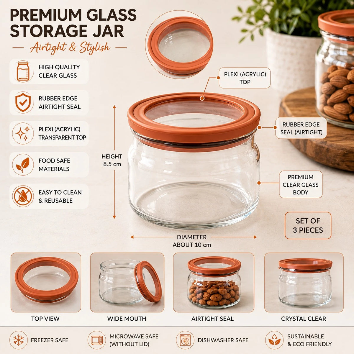 Glass Storage Jar Set Of 3 Airtight 600ML Clear Glass Food Container With Rubber Edge Plexi Top Kitchen Pantry Organizer - Image 2