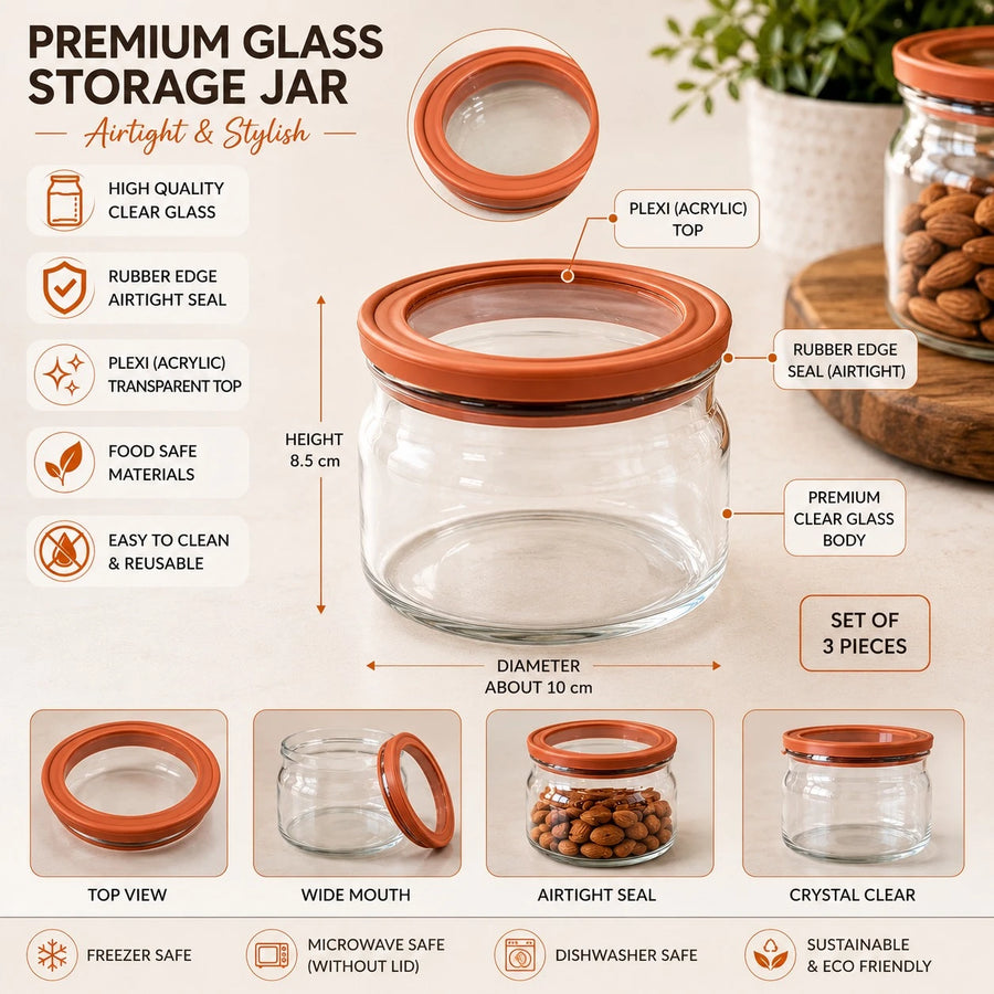 Glass Storage Jar Set Of 3 Airtight 600ML Clear Glass Food Container With Rubber Edge Plexi Top Kitchen Pantry Organizer