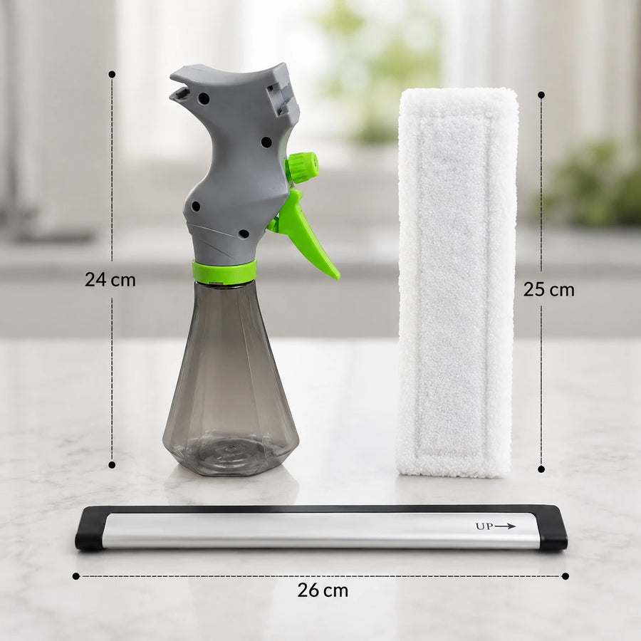 Spray Window Cleaner with Built In Water Tank Microfiber Pad and Squeegee