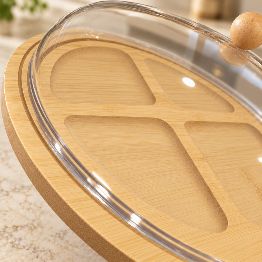 Bamboo Snack Serving Tray with Clear Cove