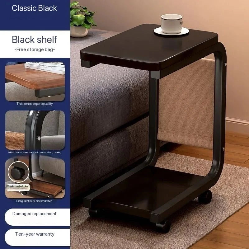 C Shaped 2 Tier Side Table With Wheels Sofa Bedside Laptop Coffee Table For Home Office - Image 4
