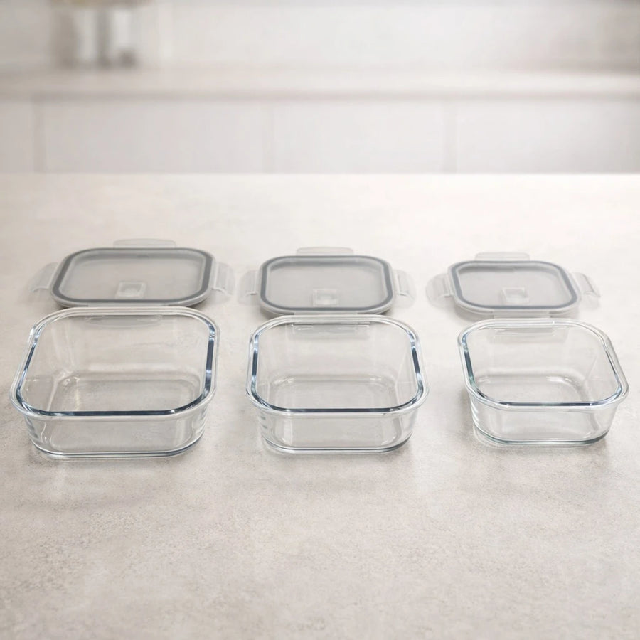 Borart 3 PCS Square Glass Storage Dish Set Borosilicate Turkish Made Plastic Lid Food Container Set