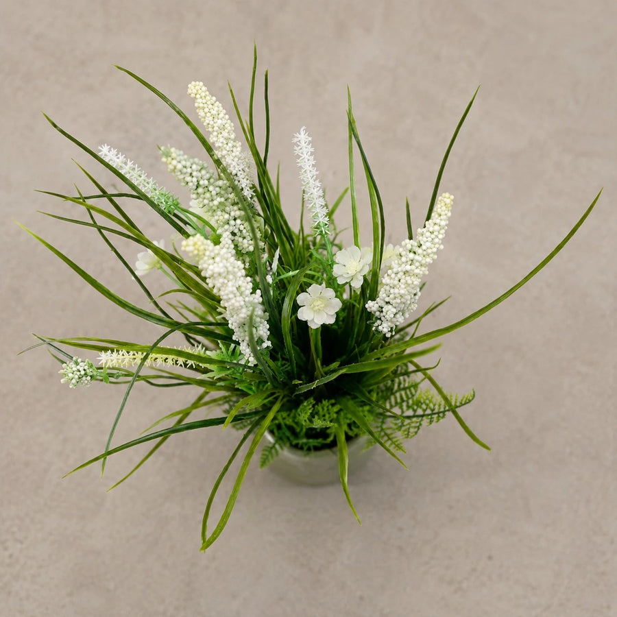 Artificial White Floral Grass Arrangement Decorative Greenery Tabletop Plant Pot Home Office Decor
