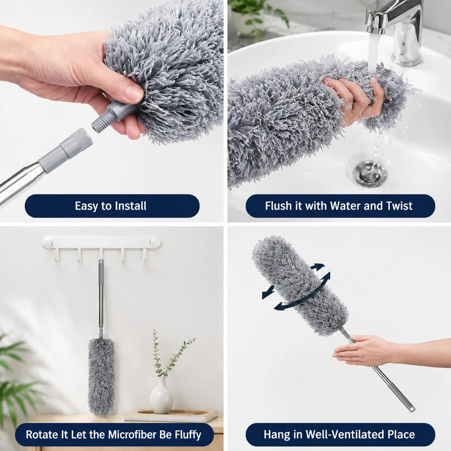 Extendable Microfiber Feather Duster Stainless Steel Dust Cleaner Telescopic Ceiling Fan Duster Reusable Washable Cleaning Brush