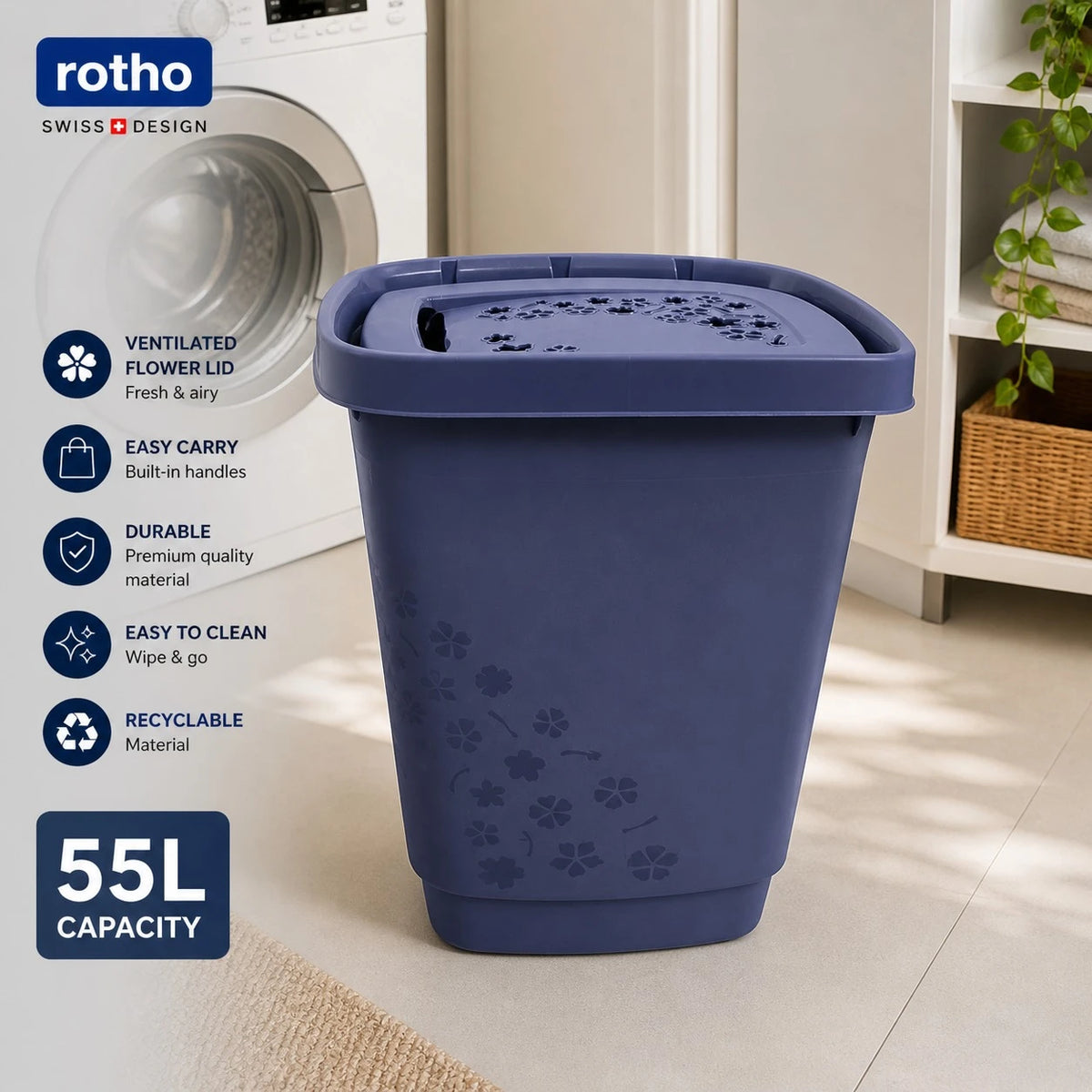 Rotho Wash With Joy Laundry Basket 55L Clothes Hamper Plastic Laundry Bin Storage Basket Ventilated Lid Dirty Clothes Organizer Swiss Design
