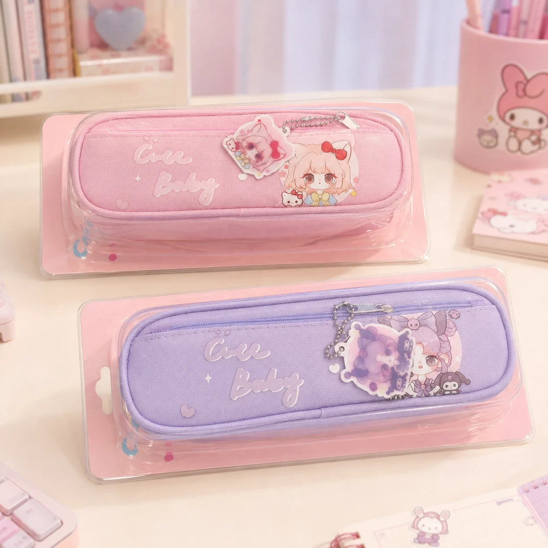 Pink Cute Cartoon School Pencil Case with Character Charm