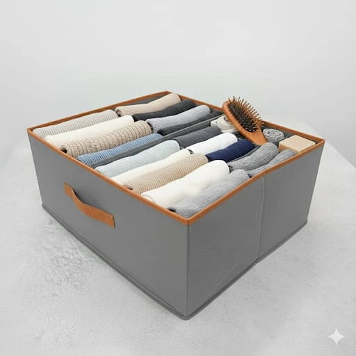 Foldable Clothes Organizer Box with 2 Sections – Gray Non-Woven Wardrobe & Underbed Storage 50 × 40 × 20 cm