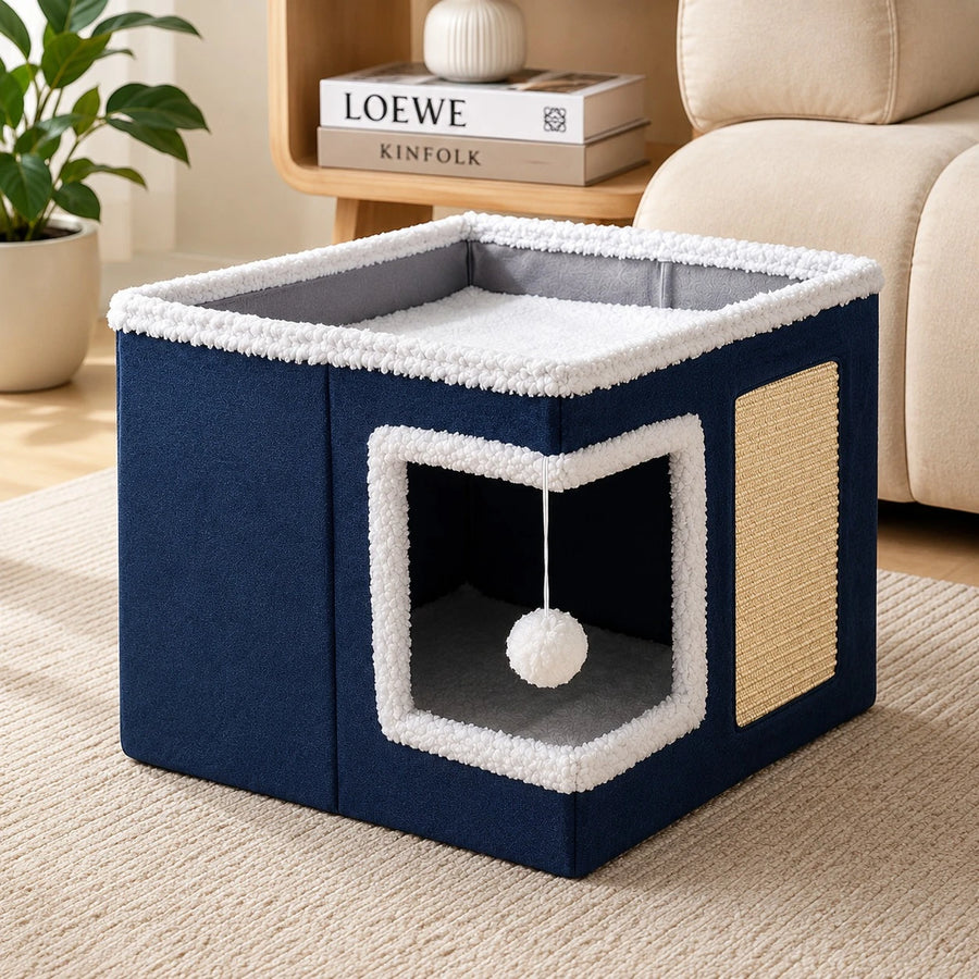 Cat House Bed Scratcher Condo Navy Blue Pet Hideaway Cozy Cat Cube Interactive Cat Cave Indoor Pet Furniture