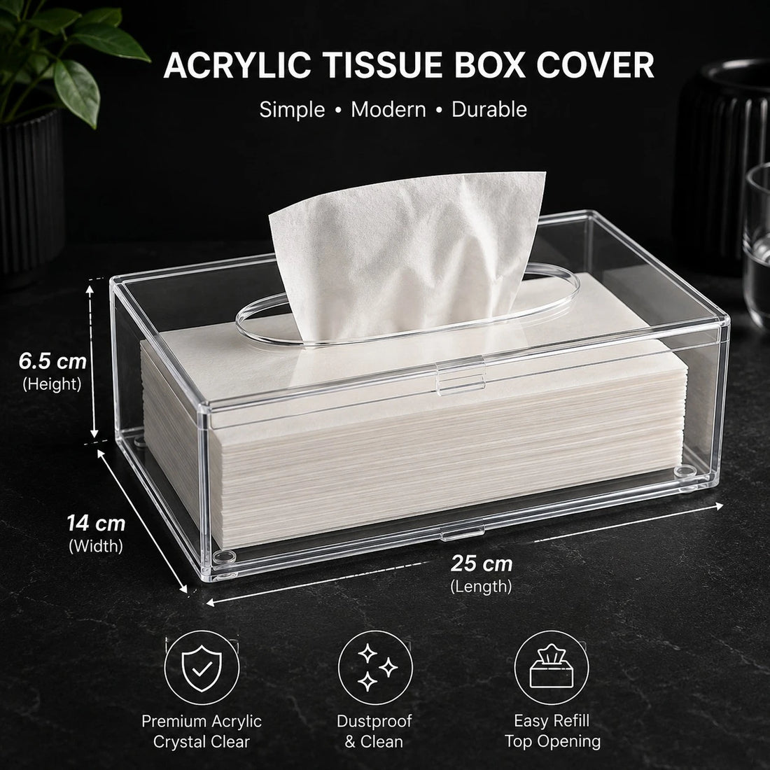 Clear Acrylic Tissue Box Cover Transparent Plexi Tissue Holder Modern Rectangular Tissue Dispenser Desktop Bathroom Office Tissue Organizer