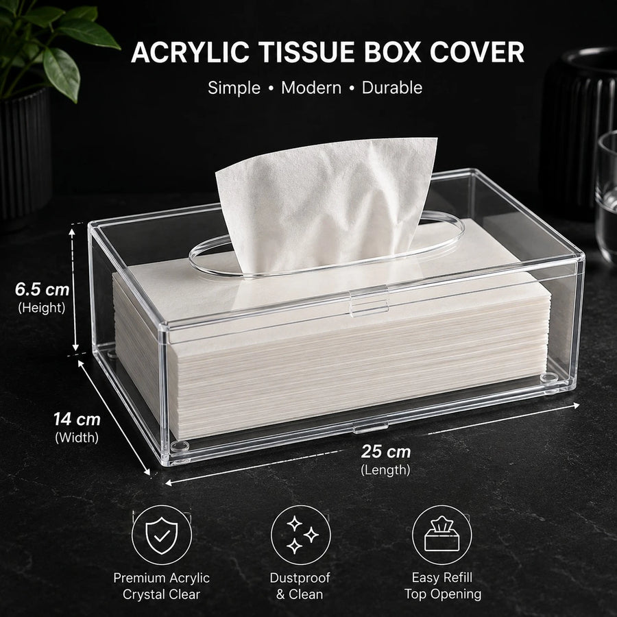 Clear Acrylic Tissue Box Cover Transparent Plexi Tissue Holder Modern Rectangular Tissue Dispenser Desktop Bathroom Office Tissue Organizer