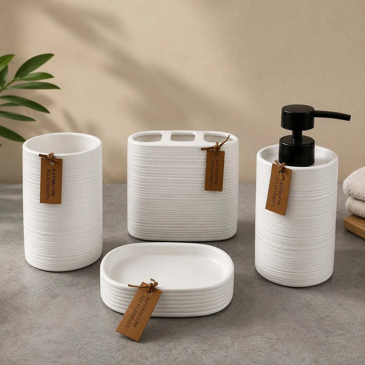 Sanitary Ceramic Bathroom Accessories Toothbrush Holder Organizer Vanity Counter Storage Cup White Ribbed Design - Image 2