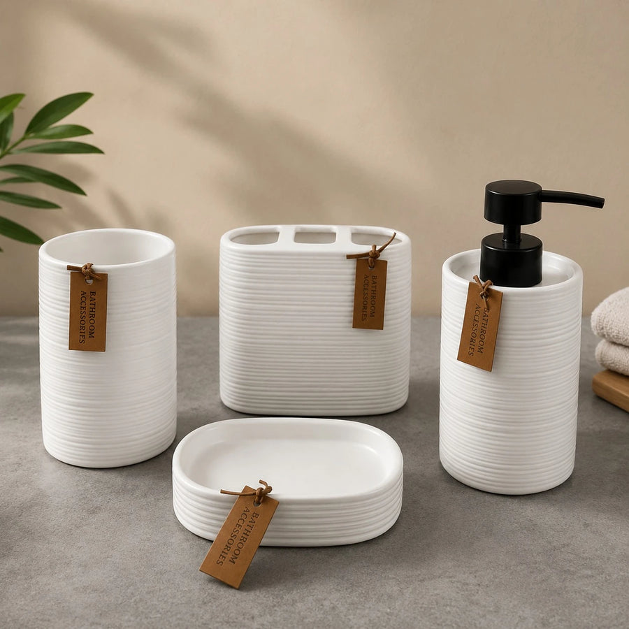 Sanitary Ceramic Bathroom Accessories Toothbrush Holder Organizer Vanity Counter Storage Cup White Ribbed Design