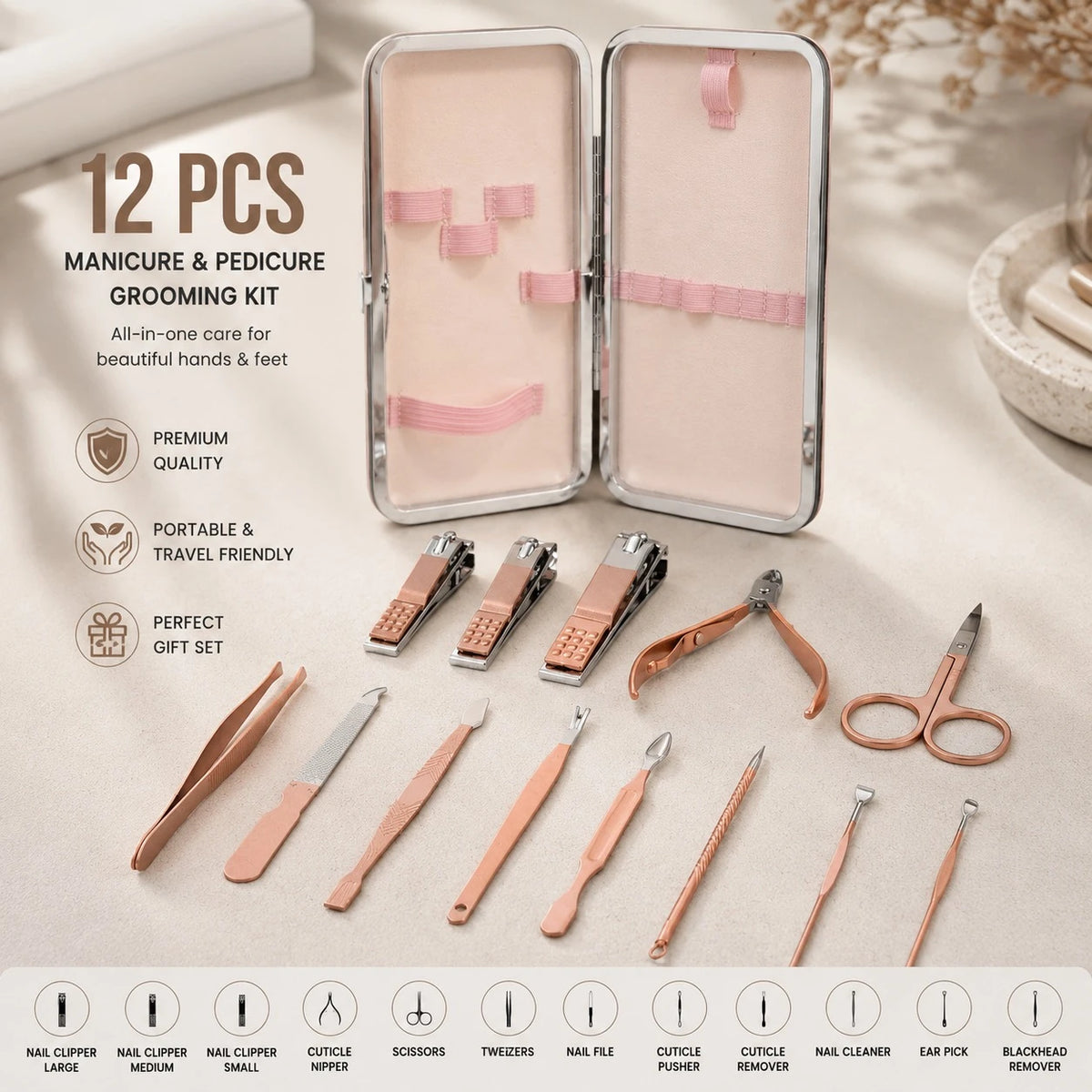 Manicure Pedicure Grooming Kit 12 PCS Rose Gold Stainless Steel Nail Care Travel Set with Portable Storage Case Professional Personal Care Tools - Image 1