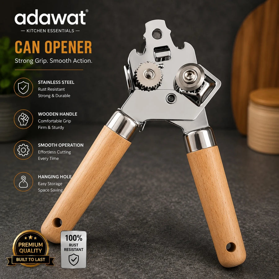 Adawat Stainless Steel Can Opener Wooden Handle Manual Tin Opener Kitchen Bottle Opener 20.5cm