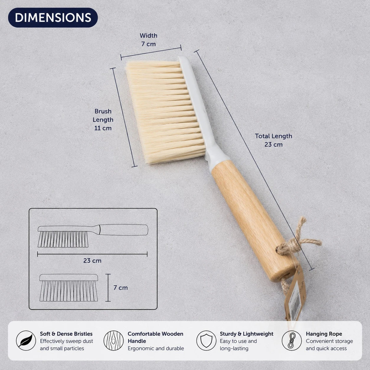 Dustpan and Brush Set 2 PCS Hand Broom Cleaning Set with Wooden Handle Rubber Edge Gray White