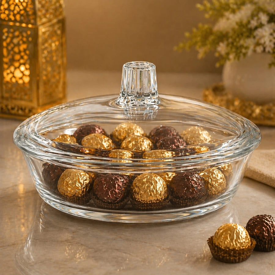 Clear Glass Casserole Dish with Lid Round Heat Resistant Serving Bowl Chocolate Candy Storage Container Kitchen Bakeware 22 cm 9 inch