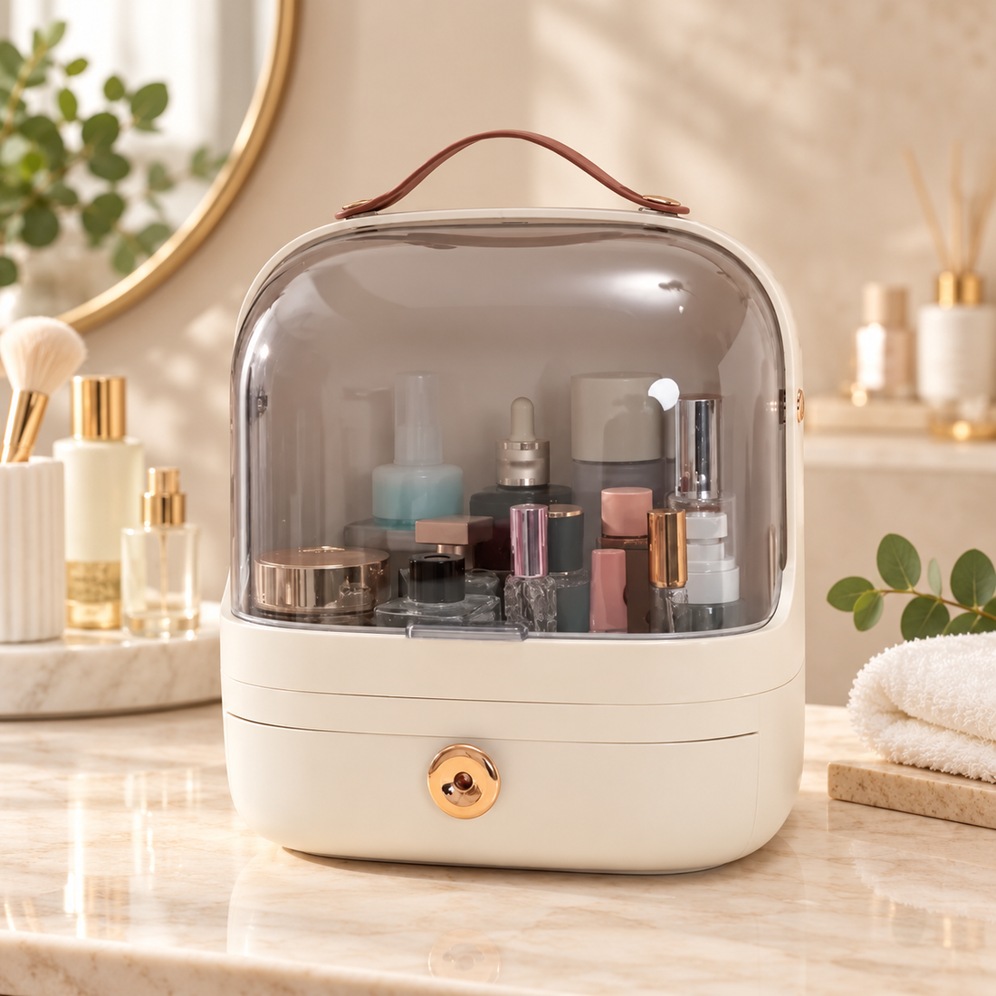 Large Capacity Makeup Organizer with Transparent Cover Drawer and Handle