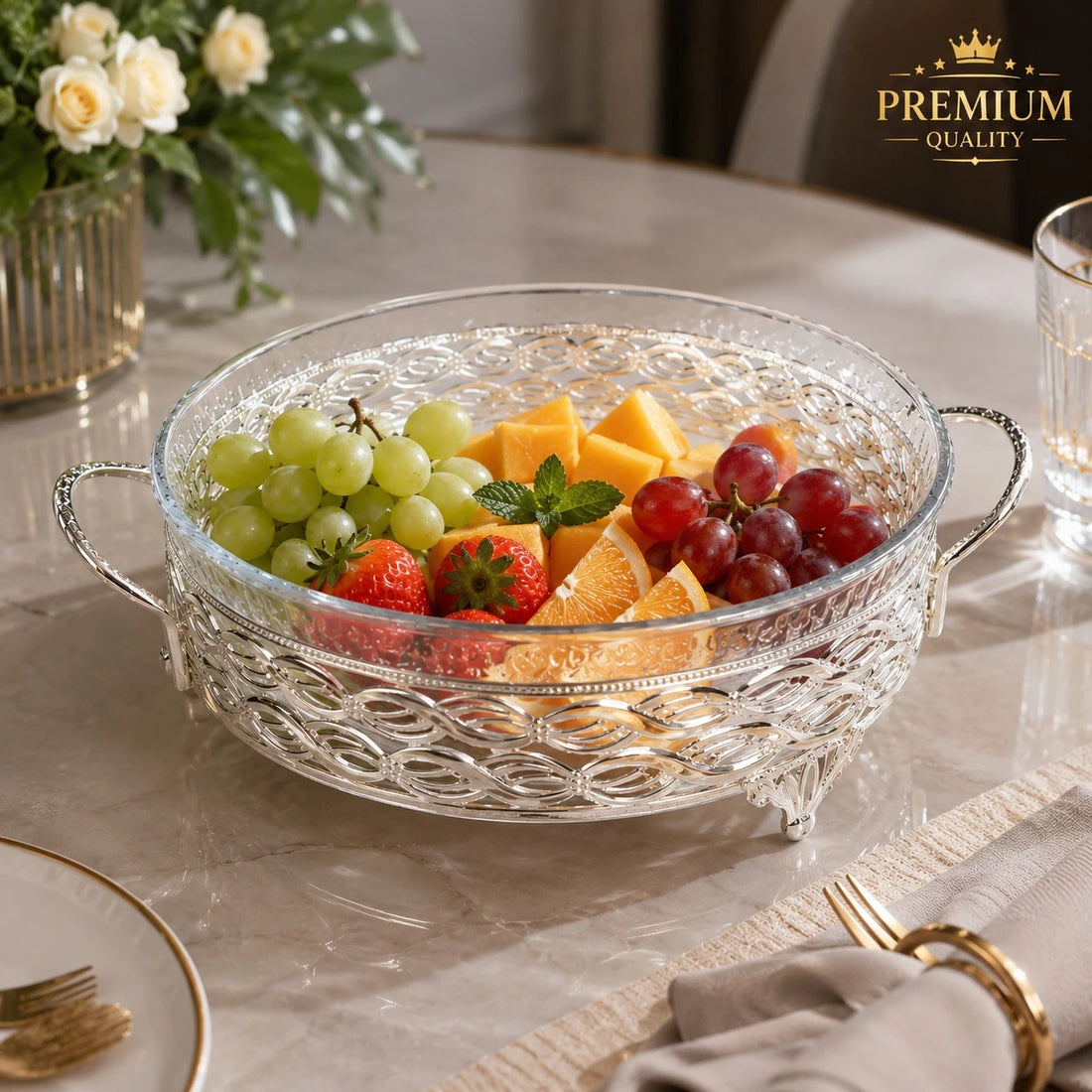 Decorative Silver Serving Tray With Glass Bowl Elegant Round Cake Fruit Dessert Display Bowl With Handles