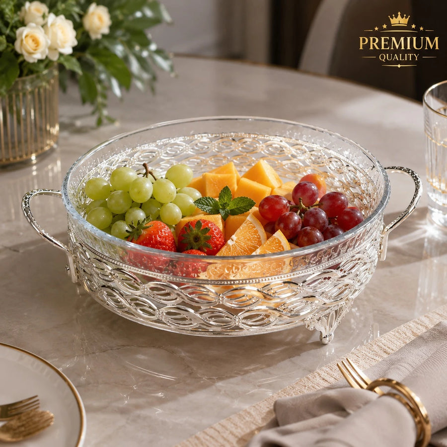 Decorative Silver Serving Tray With Glass Bowl Elegant Round Cake Fruit Dessert Display Bowl With Handles