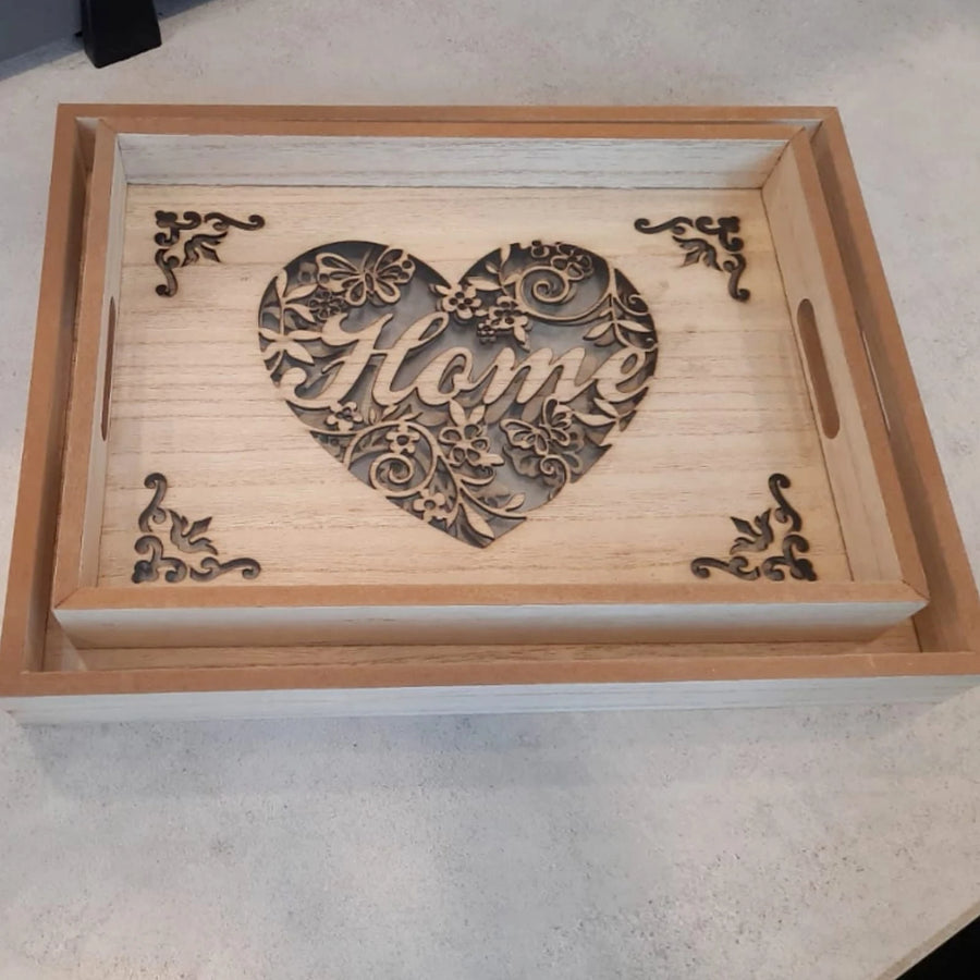 Heart Engraved Wooden Tray Set