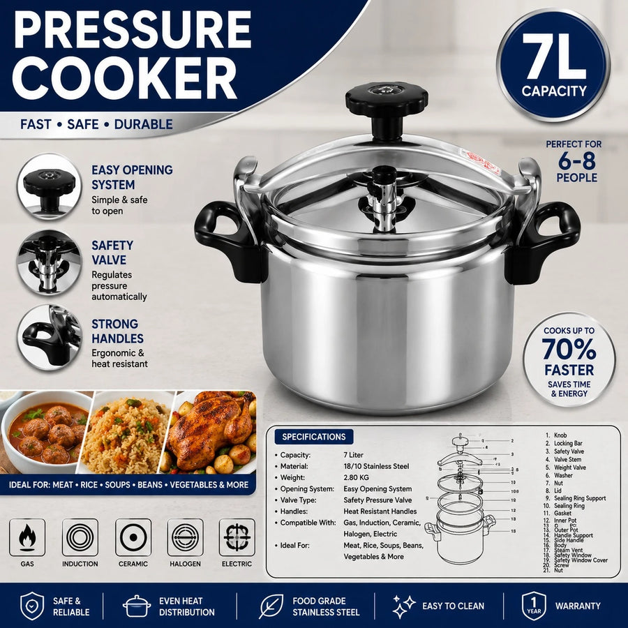 Pressure Cooker 7 Liter Stainless Steel Fast Cooking Pot Easy Opening Safety Valve Induction Gas Cooker Kitchen Cookware Heavy Duty Pressure Pot Family Cooking Cooker