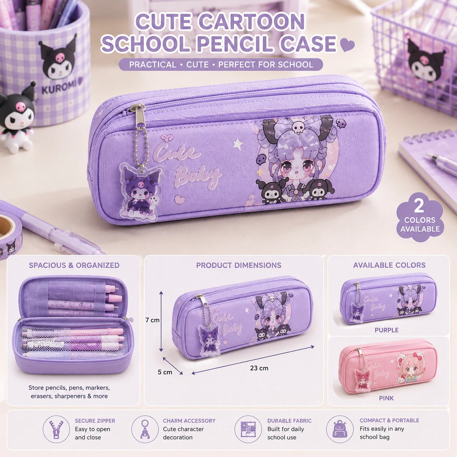 Purple Cute Cartoon School Pencil Case with Character Charm
