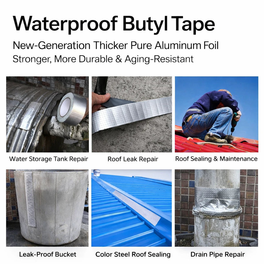 Butyl Waterproof Tape Aluminum Foil Heavy Duty Leak Repair Sealant Strong Adhesive Roof Pipe Gutter Water Tank Crack Sealing Tape 5 CM 5 Meter