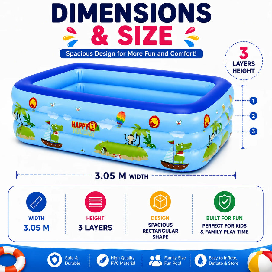 Kids Inflatable Family Swimming Pool 3-Layer PVC Rectangular Pool 3.05M