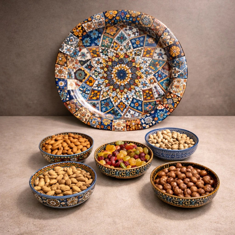 Turkish Serving Tray Set Metal Tray Ottoman Mosaic Mandala Design Coffee Tea Snack Set With 5 Bowls Decorative Serving Tray