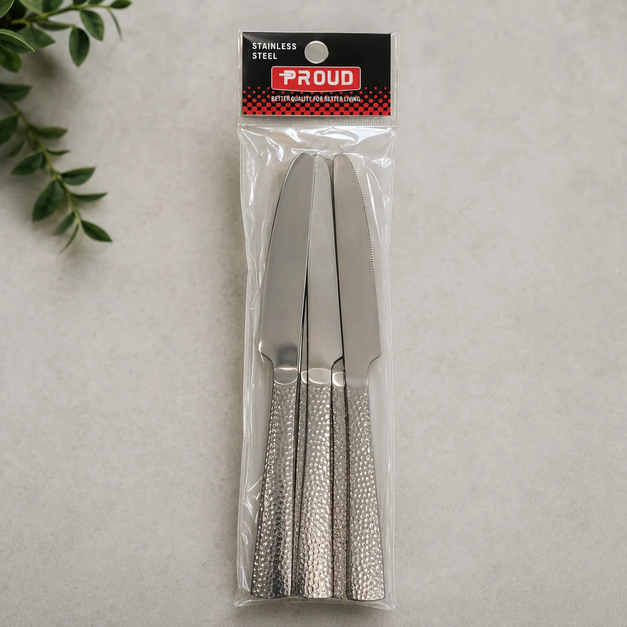 Stainless Steel Dinner Knife Set of 6 | Hammered Handle Table Knives