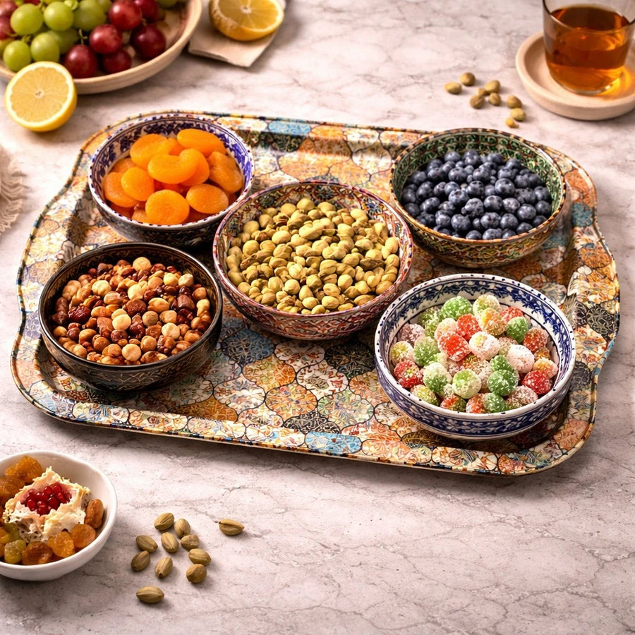 Turkish Serving Tray Set Metal Tray Ottoman Mosaic Mandala Design Coffee Tea Snack Set With 4 Bowls Decorative Serving Tray