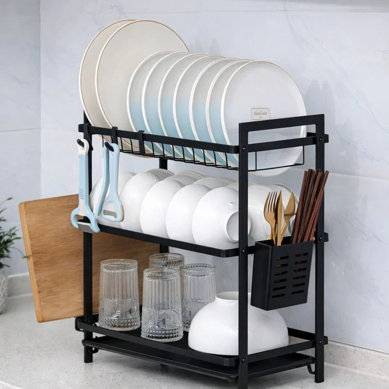 3 Tier Dish Drying Rack with Drain Tray Black