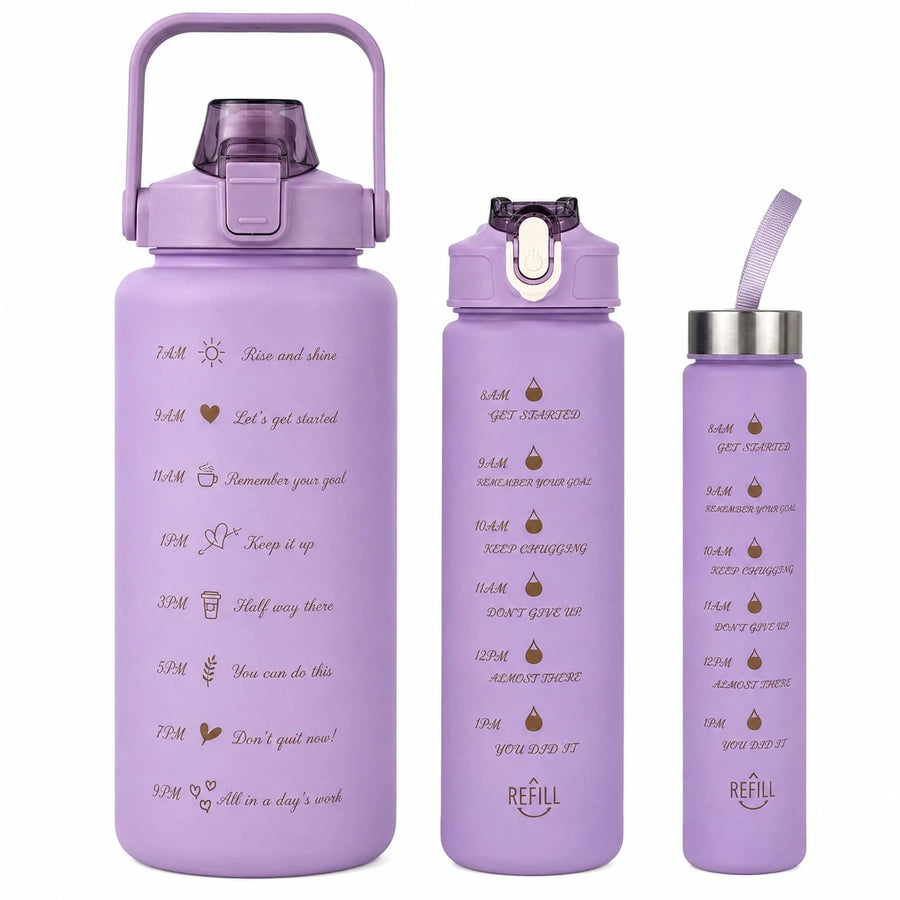 3 Piece Motivational Water Bottle Set 300ML 700ML 2000ML Reusable Sports Gym Fitness Hydration Bottles with Handles