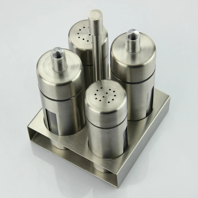 304 Stainless Steel Oil & Vinegar Bottle Set with Salt & Pepper Shakers and Holder 5 Piece Condiment Set
