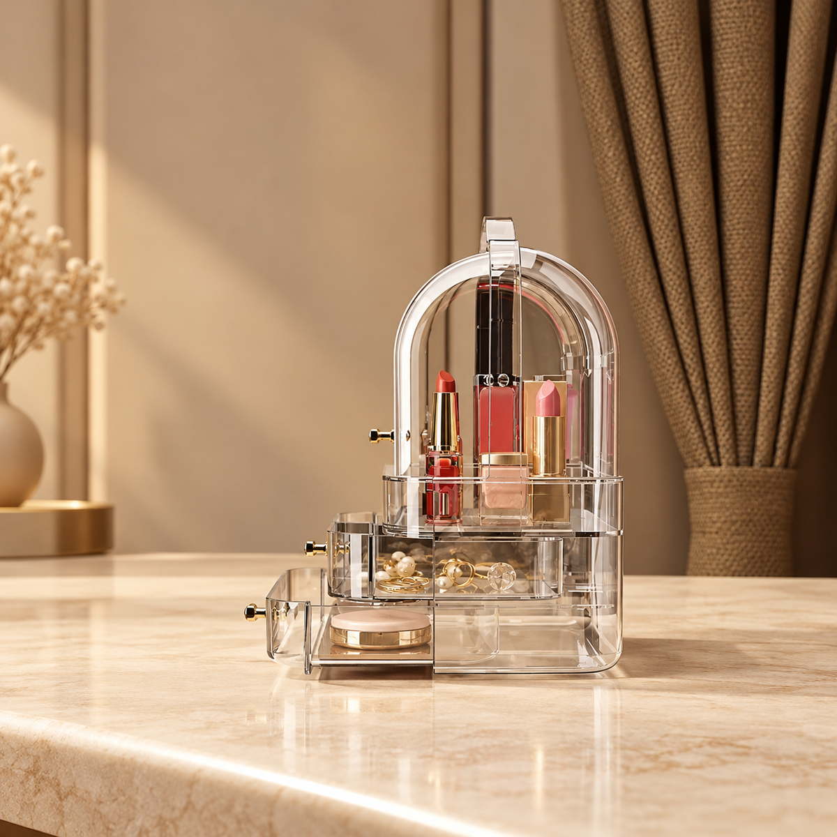 Small Makeup Cosmetic Organizer with Dustproof Cover Drawers