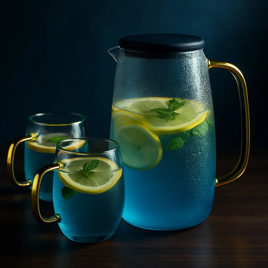 Glass Pitcher Set with Gold Handle