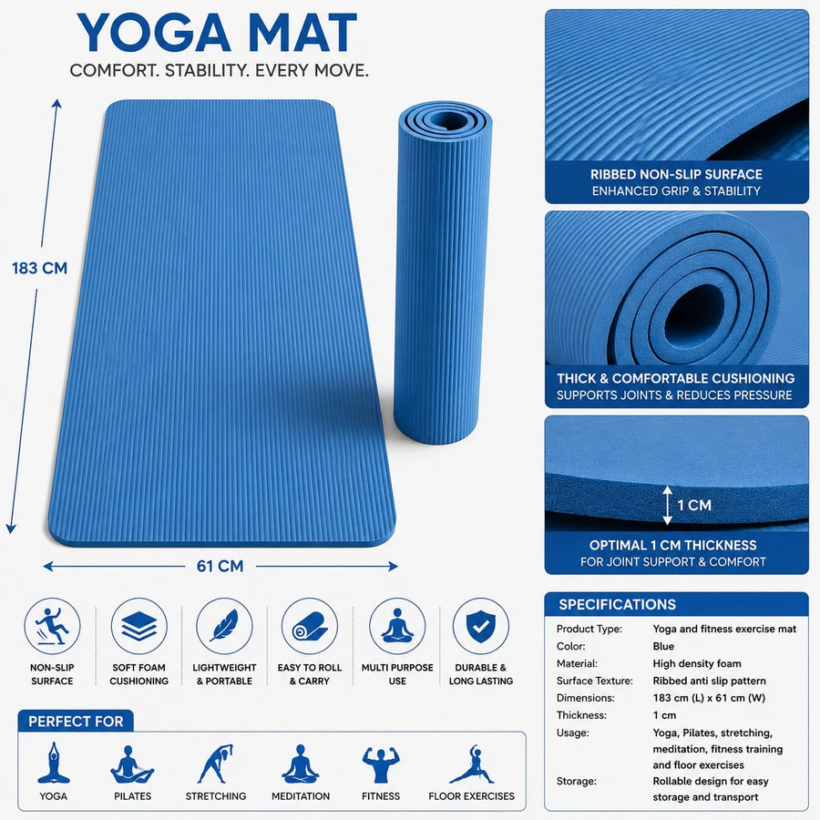 Ribbed Yoga Exercise Mat Non Slip Thick Foam Fitness Pilates Workout Mat